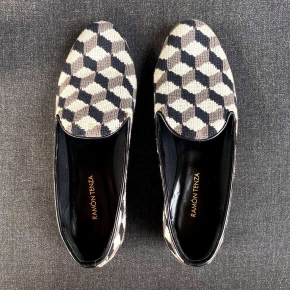 Ramón Tenza Atwood Cubic Geometric Needlepoint + Leather Loafers - Picture 1 of 8